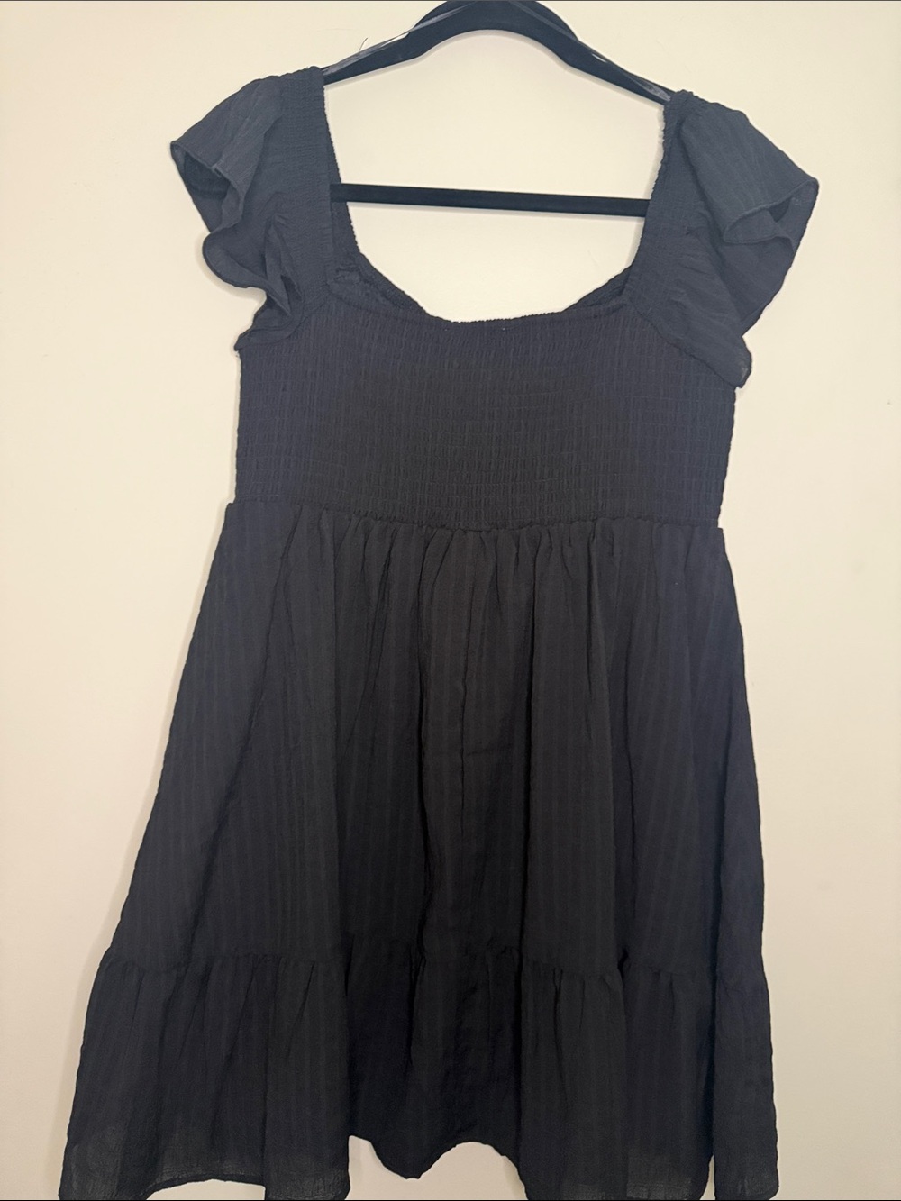 Women’s Black Smocked Bodice Mini Dress with Flutter Sleeves - Picture 3 of 3